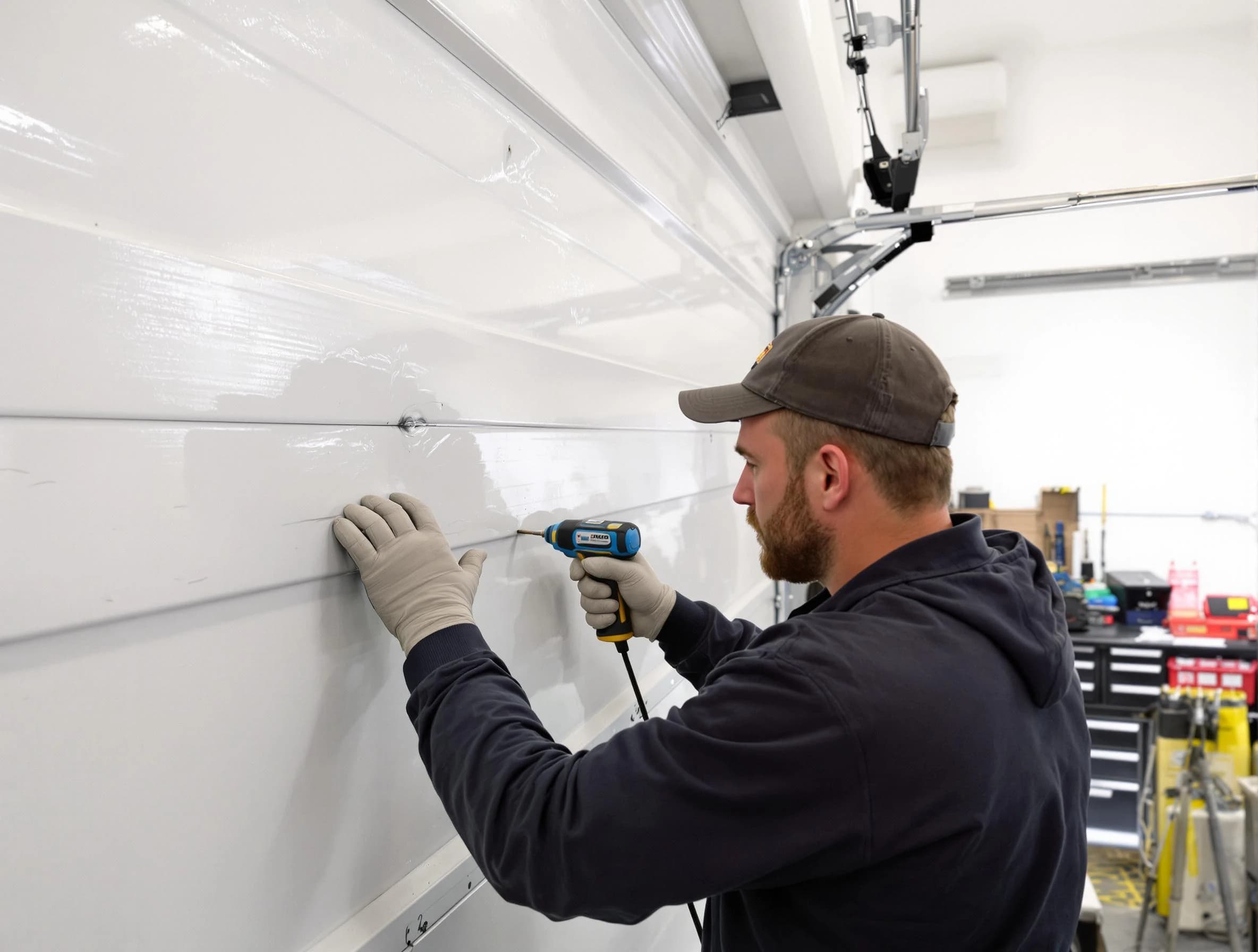 Millersville Garage Door Repair technician demonstrating precision dent removal techniques on a Millersville garage door